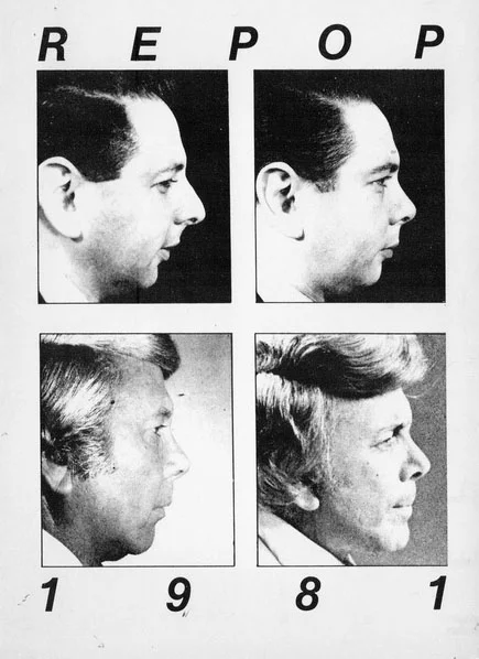 The invitation to REPOP 1981 with the four faces of legendary newscaster, Marvin Zindler's transformation