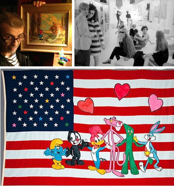 (Top right, recent photo from Cutrone’s Facebook page, right, Rene Ricard, Susan Bottomly, Eric Emerson, Mary Woronov, Andy Warhol, Ronnie Cutrone, Paul Morrissey, and Edie Sedgwick. Bottom, a Cutrone painting features a cavalcade of his appropriated characters)