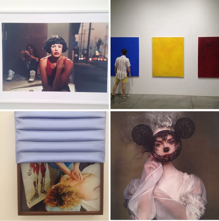 Bottom left: Philip Lorca diCorcia’s “Hustler” series at David Zwirner Gallery ; Josh Smith’s 20 solid color paintings at L uhring Augustine : Elad Lassry photos at 3 03 Gallery : Irving Penn’s On Assignment at Pace Gallery.