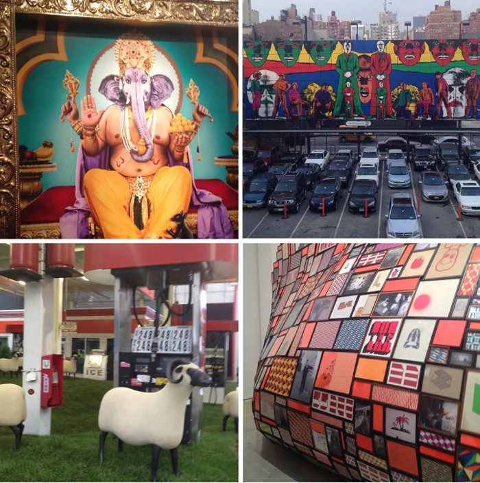 Bottom left: Manjari Sharma’s “Ganesh” at ClampArt ; Gilbert and George on the Highline Billboard ; Lalanne sheep installed at the Getty station on 24th & 10th Avenue, the future site of real estate mogul Michael Schvo’s home; Barry McGee at Cheim and Read