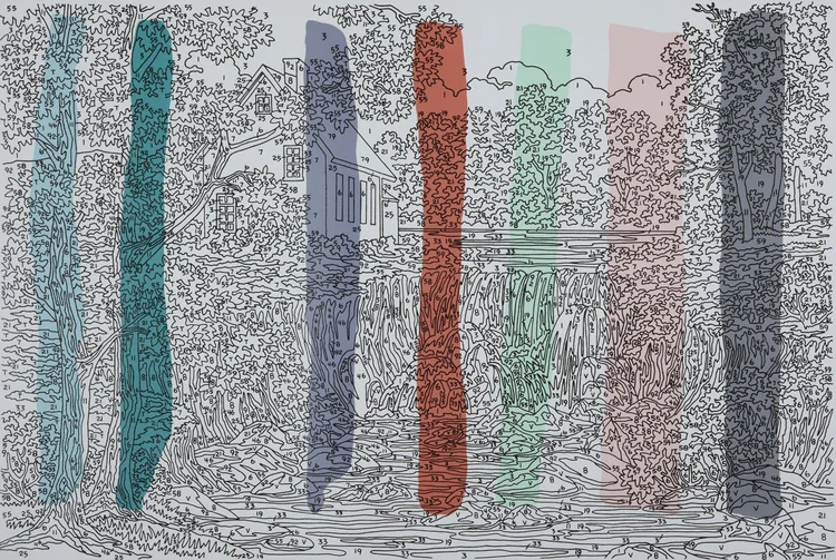 Abstract Waterfall (multi-line) 2012, 24 x 36", silkscreen, house paint on canvas, private collection