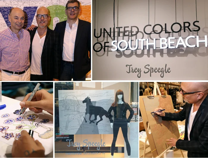 Top, left to right, with Benetton’s CEO Ari Hoffman and Communication’s VP Carlos Tunioli in front of my #withyou made for the event, drawing live, my work in the window. Bottom center; Converge gallery’s Casey Cleghorn with his drawing outside, trays I made for the event and my little RePop Shop set-up)