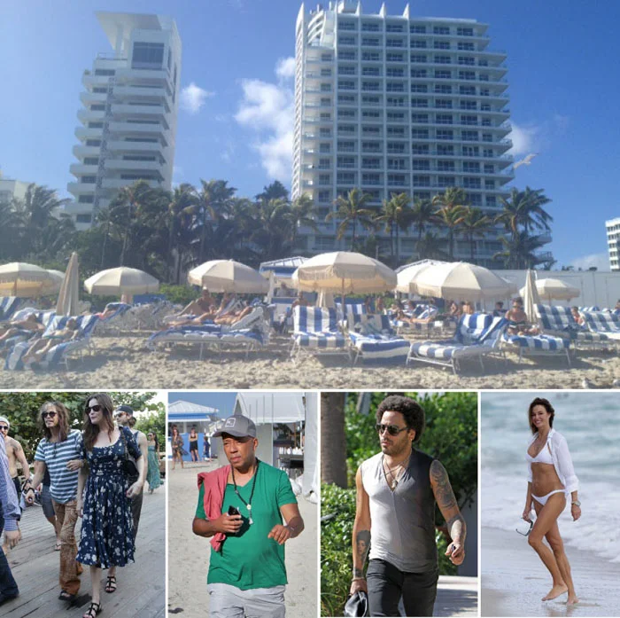 Above; Pacific Coast News, Steven Tyler with daughter Liv, Russell Simmons, Lenny Kravitz sans Roberto Cavali and Kelly Bensimon, she of the insane abs