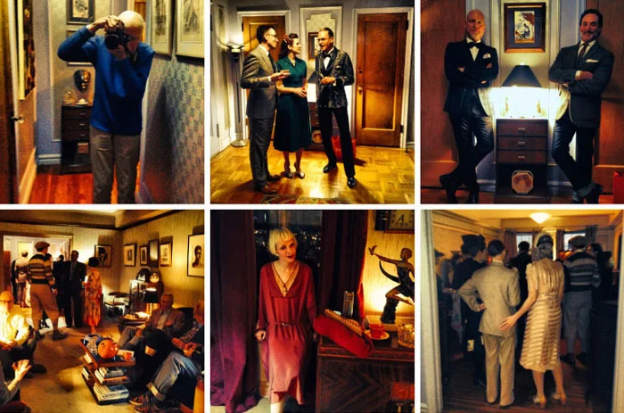 Top left; Bill Cunningham, Host Robert Bryan in a smoking jacket with guests, myself with Michael Pollack, ambience, Kathleen McGowan matches the decor perfectly, picture perfect