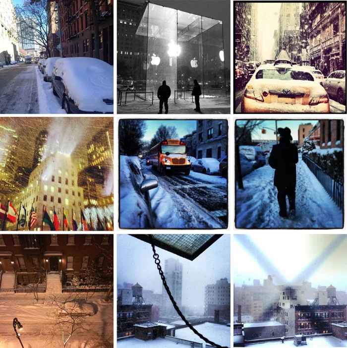 Top left, Sunny and messy in the Meatpacking District looking up Washington Street toward The Standard (someone put a smiley face on my car piled with a foot of snow); Kristin got a shot of the Apple Store on Fifth Avenue which had one if its towering windows cracked by an overzealous snow plow (replacement cost? $450,000!) ; Donna Karan shot of a yellow cab trying to get around (this isn’t Donna herself, or this would be shot from the backseat of a chauffeur-driven SUV, no doubt); Middle row, James Auguiar shot of Rockefeller Center getting blasted; two shots by April Palmieri of Brooklyn this AM; Bottom, Anh Duong’s view of the street below; two shots by Stefan Hengst looking out his window in Chelsea.
