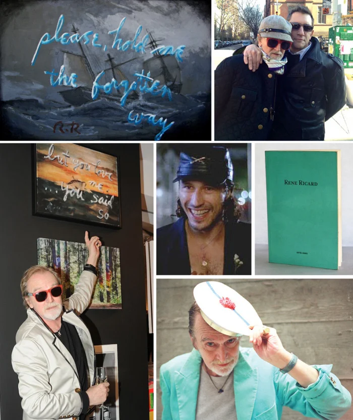 Top, One of Rene’s word paintings; with Joe Dolce in New York, February 14, 2013; Renee with his work; Michael Wincott as Rene in Basquiat ; Rene’s first book of poetry which was designed to mimic Tiffany packaging – I have my copy.
