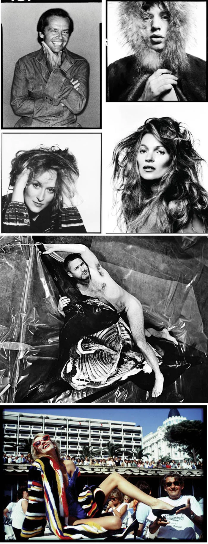 Jack Nicholson, 1978, Mick Jagger, 1964; Meryl Streep, 1980; Kate Moss, 2013; Damien Hirst, 2013; Jerry Hall with Helmut Newton, 1983.