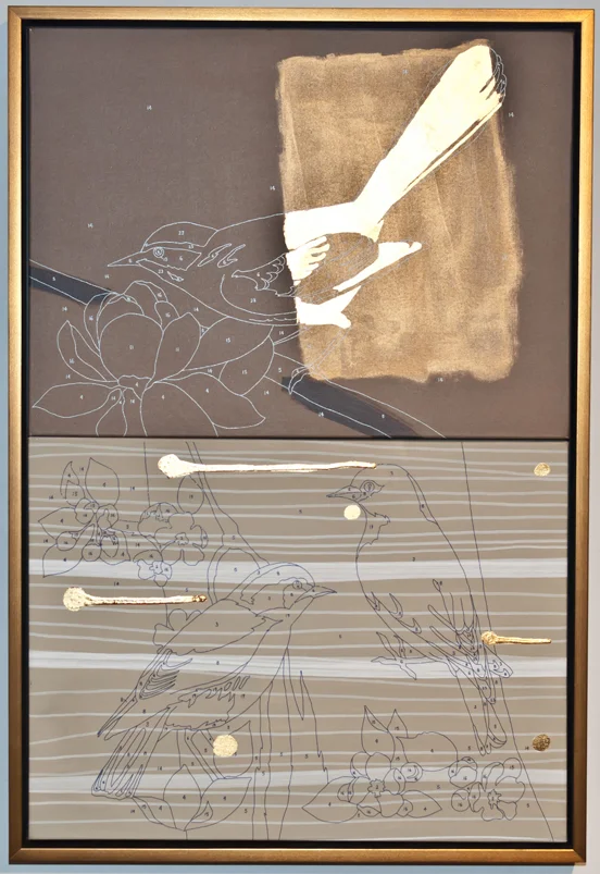 if.. then… (gold diptych) 2009, 24 x 36", silkscreen, gold-leaf, house paint, marker on canvas