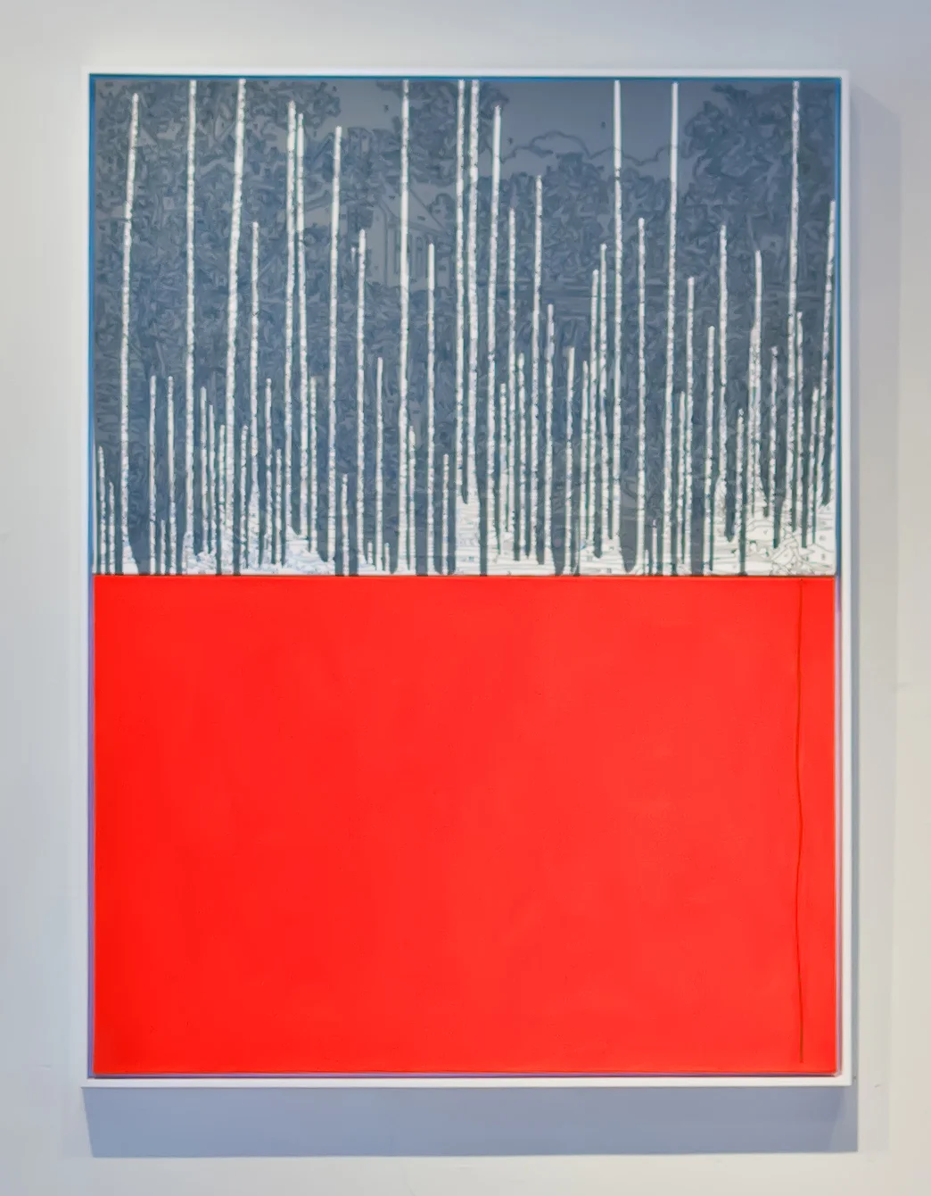 Abstract Waterfall (gray drip/ orange) 2012, diptych, 36 x 48", silkscreen, house paint, mixed media on canvas