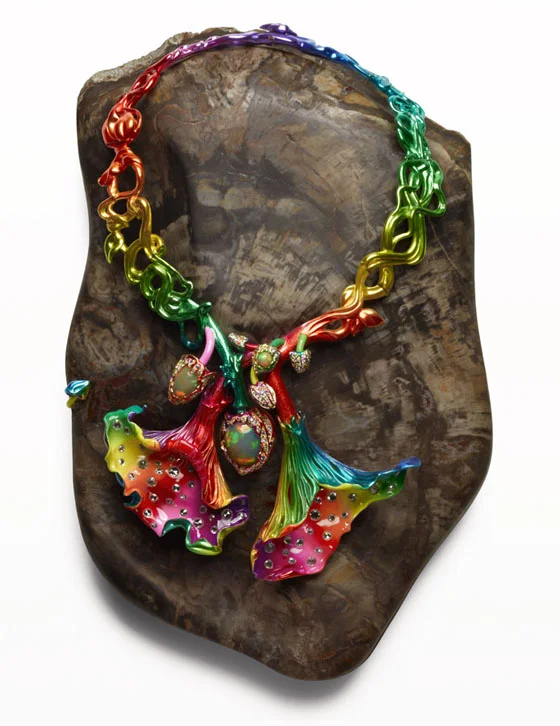 Amanita Satana Diabolus, 2010, L acquered silver, white gold, yellow gold, opals, colored sapphires, mandarin garnets, spinels, diamonds, petrified wood, w ith base: 5 x 12 1/4 x 8 1/4