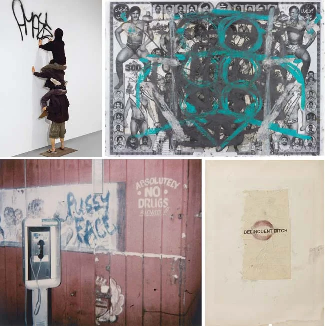 Top, left; Barry McGee, Untitled (Robots AMAZE), 2004; Oscar Murillo, Untitled, 2012; Dash Snow, Pussy Face, 2003; Dash Snow, Delinquent Bitch, 2006-2007