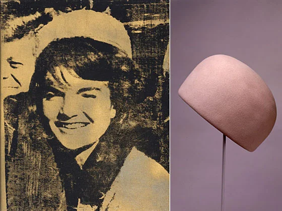 Andy Warhol, Jackie, 1964, Above right: Halston, for Bergdorf Goodman, Pillbox Hat, early 60s