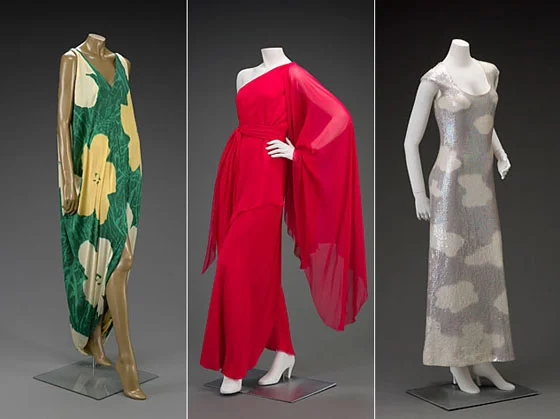 Halston, Evening dress with print based on Warhol’s Flowers painting 1964–72. Above center: Halston, Evening ensemble dress, 1970. Above right: Halston, “Clouds” evening dress, 1982-83