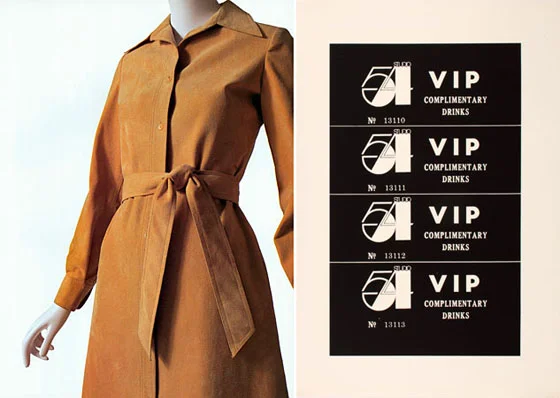 Above left: Halston, Dress, 1972, Ultrasuede. Above right: Andy Warhol, Studio 54 Complimentary Drink Invitation, ca. 1978