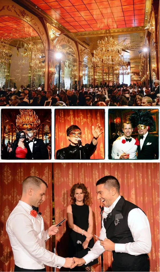 The Russian Tea Room ballroom as cathedral; masked guests; Billie Ray Martin; Bradford and myself; Bradford and Georgi exchange vows
