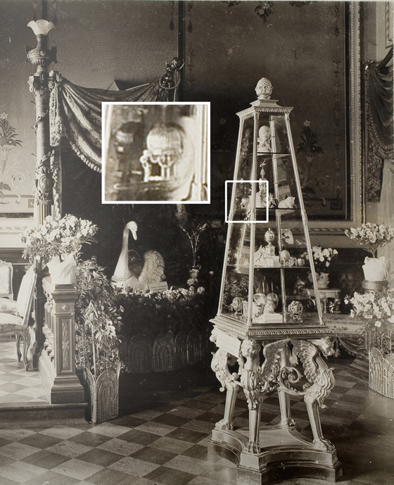 The Third Imperial Fabergé Easter Egg displayed among Marie Feodorovna's Fabergé treasures in the Von Dervis Mansion Exhibition, St. Petersburg, March 1902.