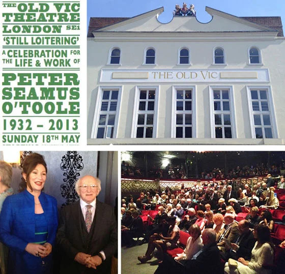 The cover of the memorial program; the Old Vic in London; Kate O’Toole and the President of Ireland, Michael D. Higgins; the audience at the Old Vic, May, 18, 2014