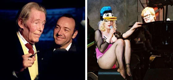 Peter O’Toole backstage at The Old Vic watching Courtney Love and Elton John doing “The Bitch is Back” in ’98