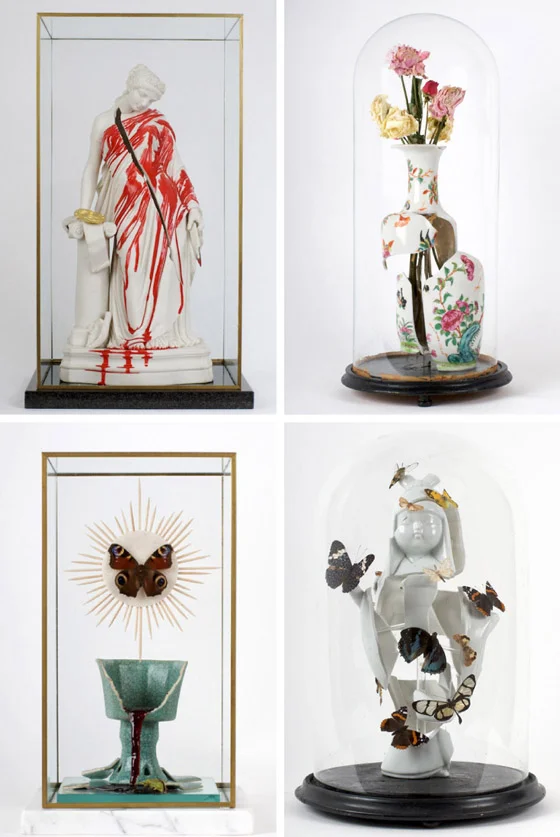 Clytemnestra, 2010. 19th century; Rose vase 2, 2010. 18th century Chinese famile; Transubstantiation, 2010. 19th century Chinese stoneware goblet; Madama butterfly, 2010. 20th century Arita porcelain figure