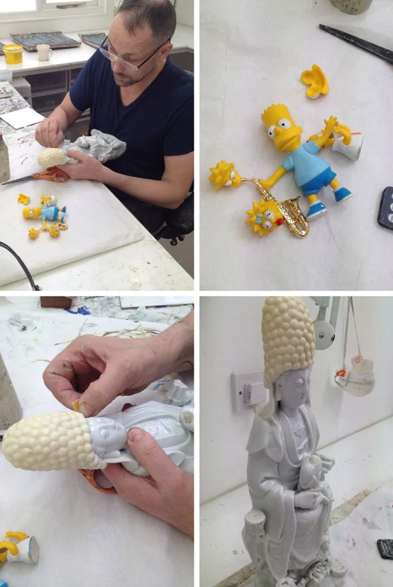 Bouke working on Goddess Marge piece with pieces of Maggie, Bart & Lisa awaiting instruction. Homer will get a spot too.