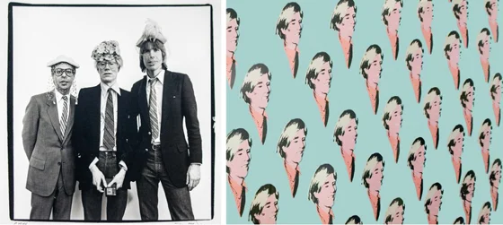 Bob Colacello, Andy Warhol, and Christopher Murray in Hats, by Paul Weiss; Andy wall screen print by Richard Bernstein