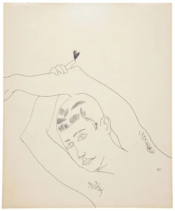 Young Man with Heart, black ballpoint pen on paper, 16 3/4 x 13 7/8 in., 1956, est: $8,000-$12,000