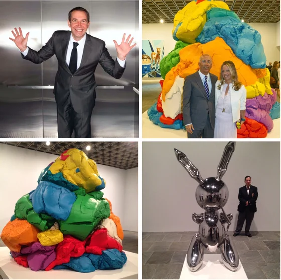 Jeff Koons; Bill and Maria Bell, with their ‘Play-Doh’ sculpture moments after seeing it for the first time, photos by Todd Eberle; play-dough sculpture; Koons’ iconic stainless steel bunny with guard