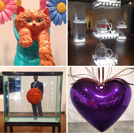 Koons kitty; early work in a vacuum; Eqilibrium with guard; Koons Purple Heart (there are 5 of these at $25 million each)