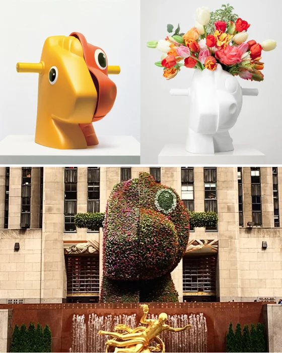 The original 12” tall Split Rocker; the $5000 limited edition vase; the newly installed 3D blooming version in Rockefeller Center