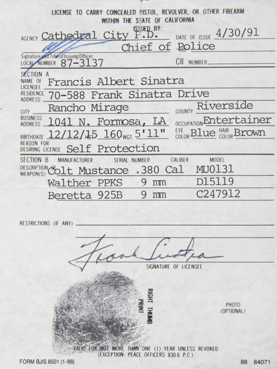 FRANK SINATRA LICENSE TO CARRY CONCEALED WEAPON, EST. $600-800