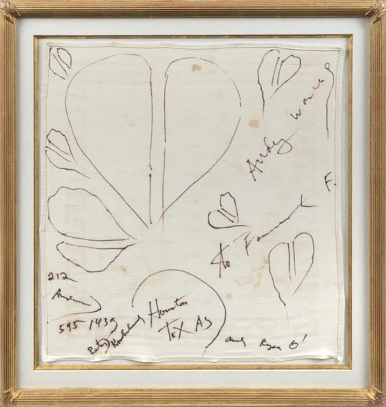 ANDY WARHOL SIGNED FARRAH FAWCETT & RYAN O’NEIL NAPKIN, CIRCA 1980, EST $6-8,000