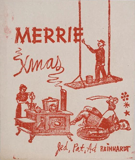 Painter Ad Reinhardt shows illustrates a portrait of himself as a sign painter (his former occupation) & his wife over a hot stove, while his son Jeb is ‘slaying Goliath.’