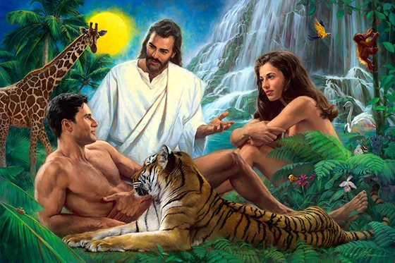 Jesus with Adam & Eve? (see, not Adam & Steve!) or is it Jon Hamm & Anne Hathaway? Anyway, that Garden of Eden hair care really works great!