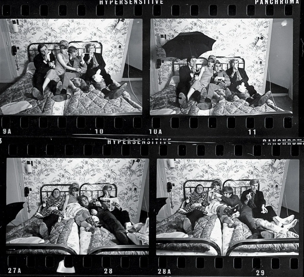 Andy Warhol and gang, 1965 “These shots were taken at a raucous romp during a trip Andy Warhol and his Factory pals took to Paris for his second solo exhibition there. They posed in bed and in the bathroom of the Hôtel Bourgogne, next door to my Glamour office. The whole crew showed up pretty regularly in Paris in the mid-to-late 1960s. Andy, who is not wearing his trademark platinum wig in this photo, was not well known in France then, but his fame was growing. He was always looking for rich clients who wanted their portraits done. Andy, Edie Sedgwick and the rest of his entourage spent every night at nightclubs, including Le Sept, Castel’s and Regine’s with a cast of French aristos, models, handsome gigolos and essentially anyone good-looking enough to get in the front doors.”