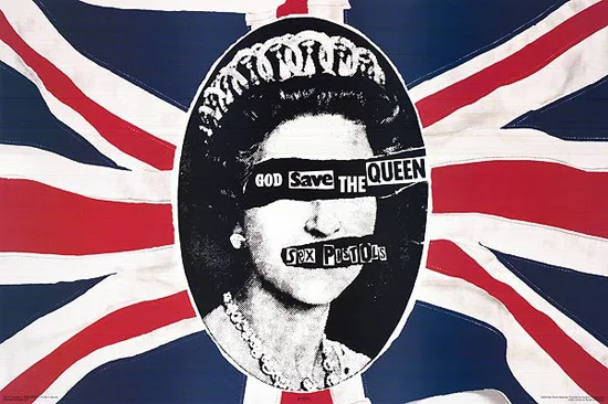 Album artwork for seminal Sex Pistols album “God Save the Queen”, design by Jamie Reed