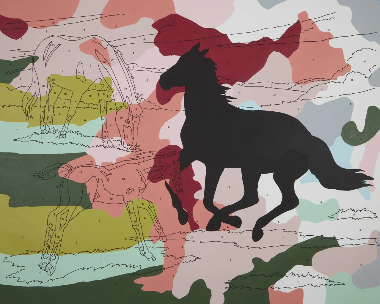 ​Leave a Mark (pink camo) 2012, 48 x 60", silkscreen, house paint on canvas