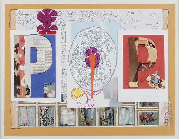 POP (drip) collage, 2013, 16 x 20", mixed media on envelope, private collection