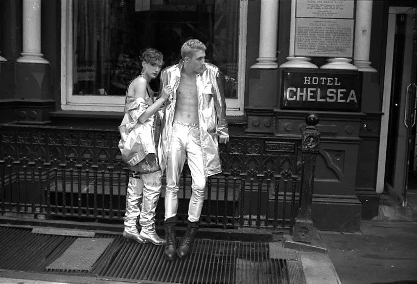 Angie Lieber & Walt in silver leather Stephen Sprouse photographed at The Chelsea Hotel by Craig Barnes NYC 1984
