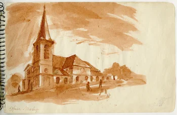 Ellsworth Kelly, Eglise, Marly, 1944, ink on paper 8 ¼ x 5 ¼ inches, Blanton Museum