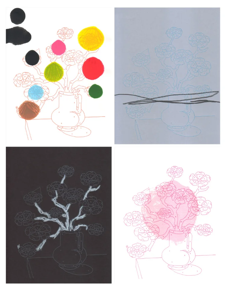Trey Speegle, 111 Reasons To Love You (91. adventurous) 2007, letterpress & mixed media on paper, 7 x 9” each (set of 4 monoprints)