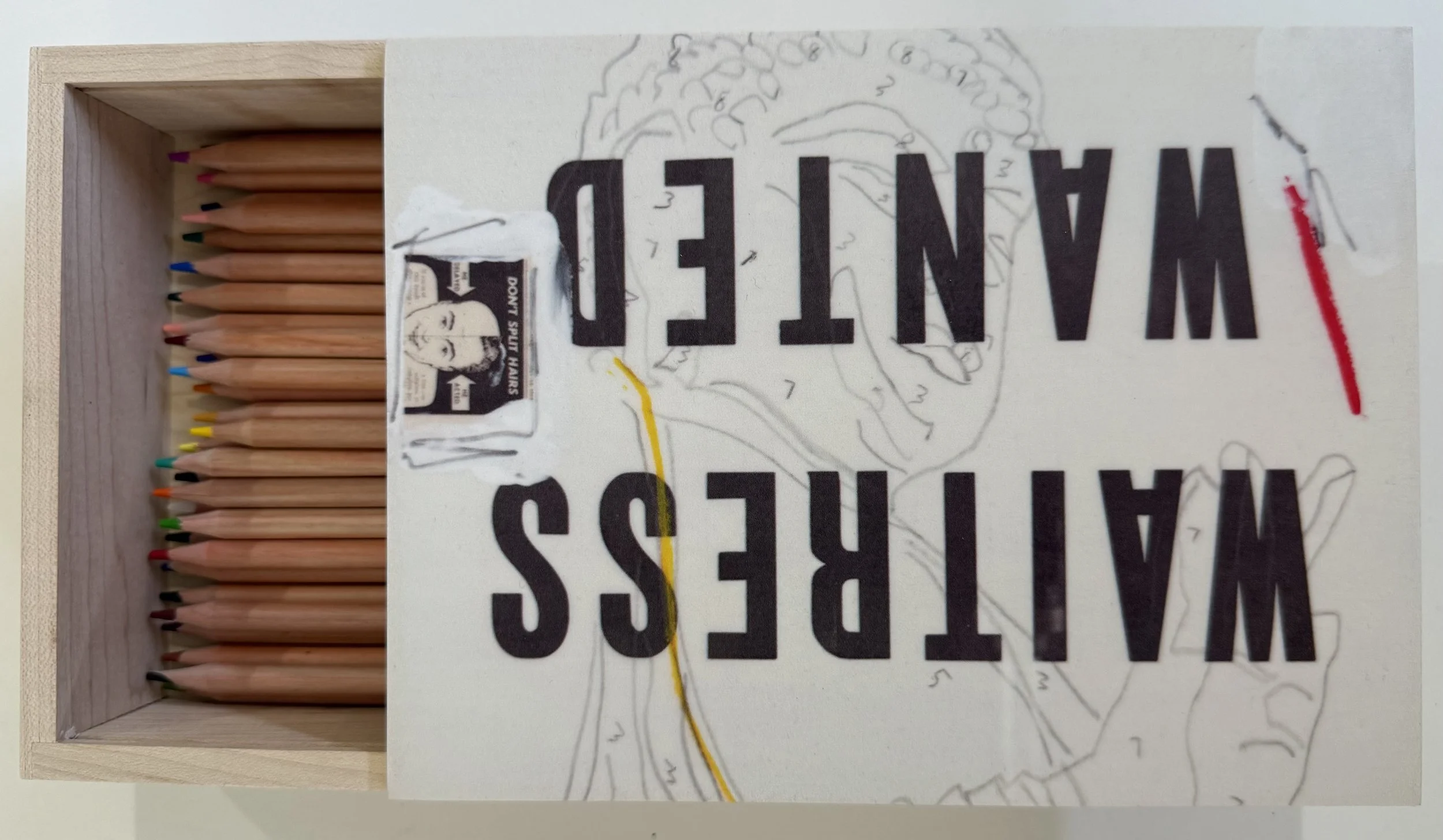 BUDDHA WAITRESS WANTED wooden box with colored pencils