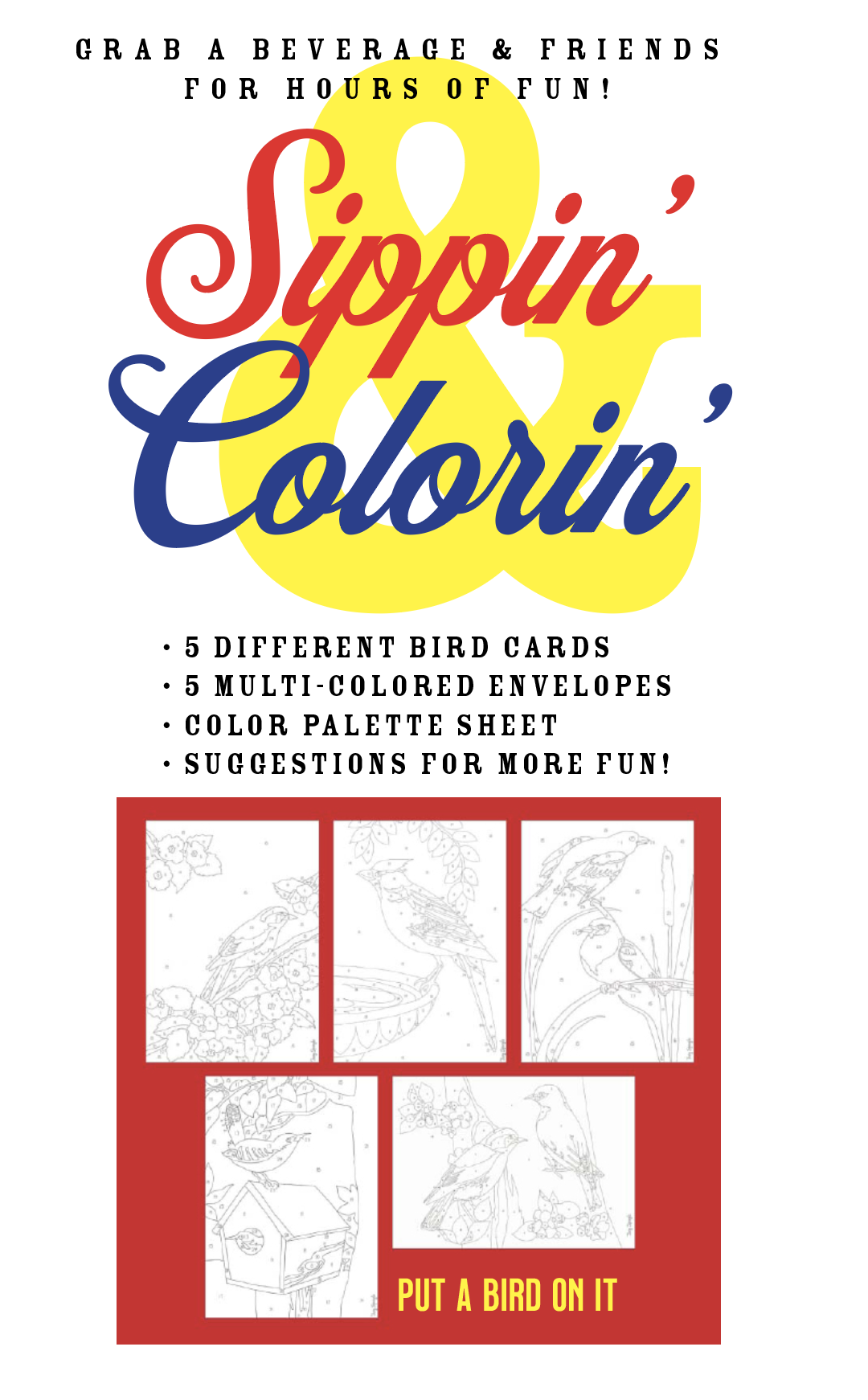 5 BIRD COLORING CARDS with envelopes + colored envelopes