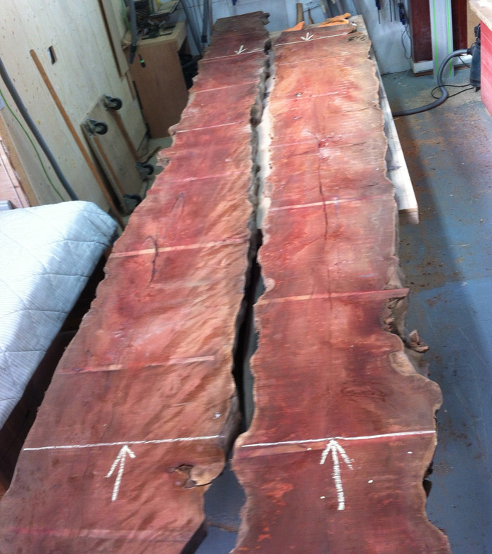 I took the client to visit the timber yard near Grantham to choose the yew. The picture shows the two slabs before plaining, not often can we get this length and straightness. 380 meters long, 5cm thick.