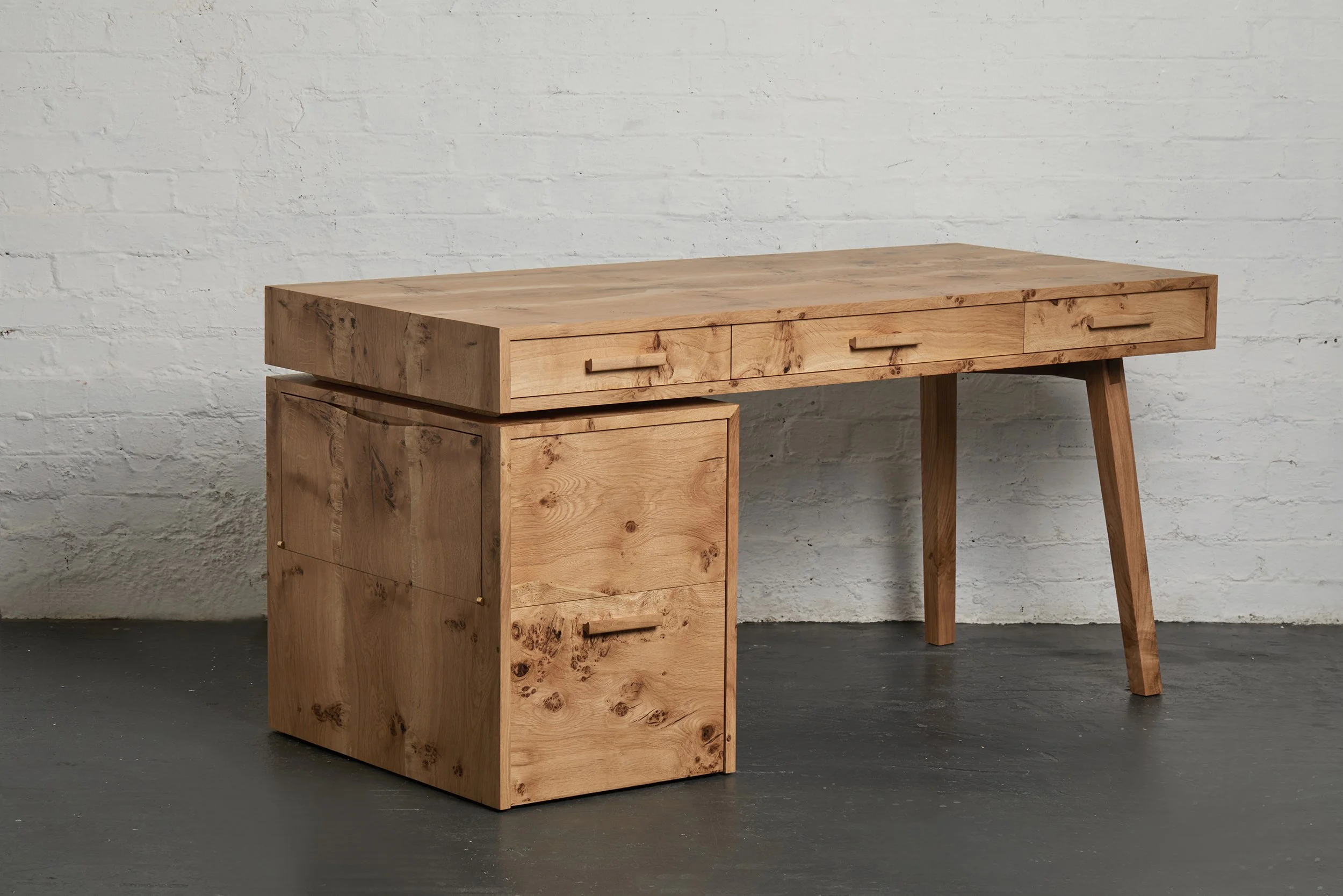 Desk in Book-Matched Pippy English Oak, with Printer and File Drawer