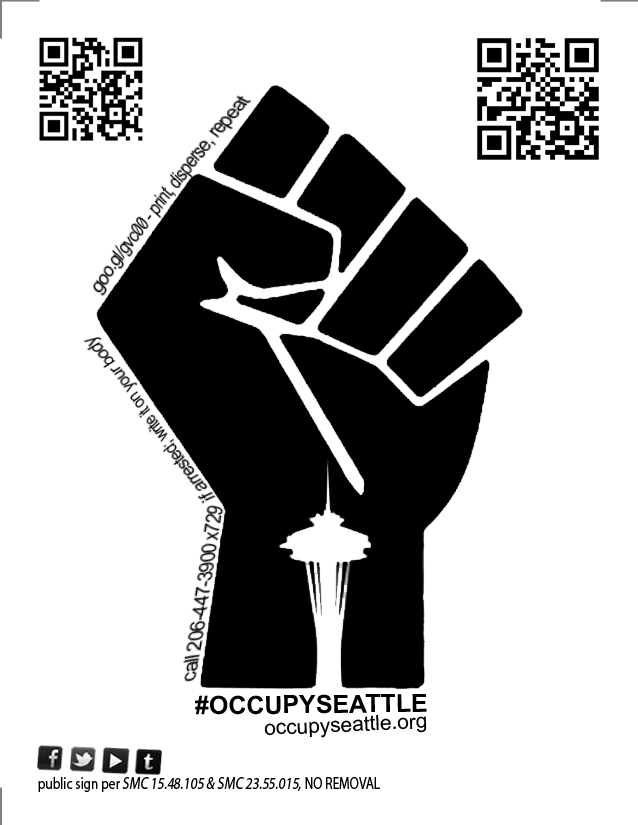#OCCUPYSEATTLE, 2011 Flyer to provide protesters with immediate access to legal services and the education of their rights to assemble.