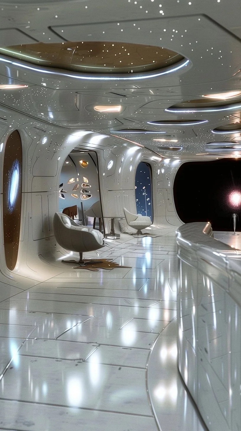 AI-generated video still of a futuristic spaceship lounge interior with curved white walls, modern chairs, and space visible through a window.