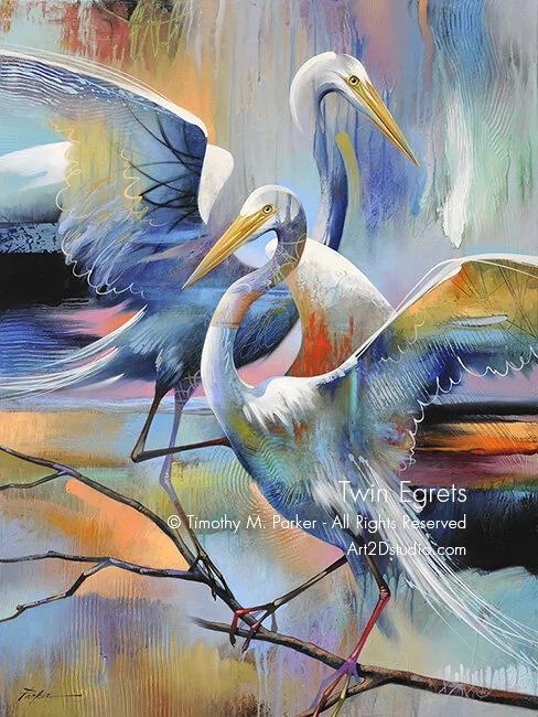 Twin Egrets - Abstract Egret Painting
