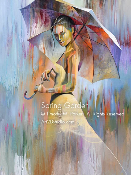 Spring Garden - Abstract Figurative Painting with Umbrella