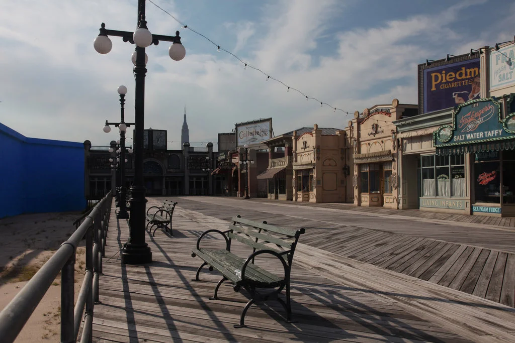 In 2011, I did a short series on film sets in NYC, including that of Boardwalk Empire. The blue screen at left is where the ocean is added.