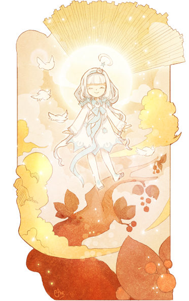 Gathering all her courage, Artemis hesitantly placed a foot on the first branch. She began her long climb, ascending higher and higher. After a while, Artemis realized she felt… strange. She had always glowed a little bit -- most spirits do -- but now her aura of light was dazzling to look at. When Artemis made it to the top of the tree she was positively alight, a halo of luminous brilliance surrounding her. Smiling, Artemis settled in amongst the sparkling leaves and clouds, watching her forest from her new perch high in the sky, bright and beaming, the land below her bathed in a pale, soothing glow.